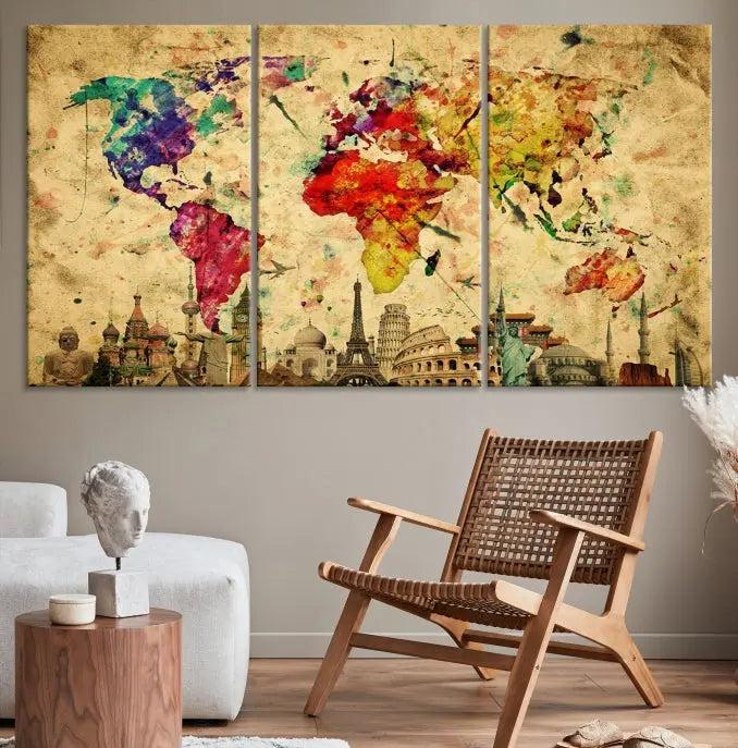 The Grunge World Map Wall Art Canvas Print is a museum-quality piece adorned with famous global landmarks and features a UV-protective coating for added longevity.