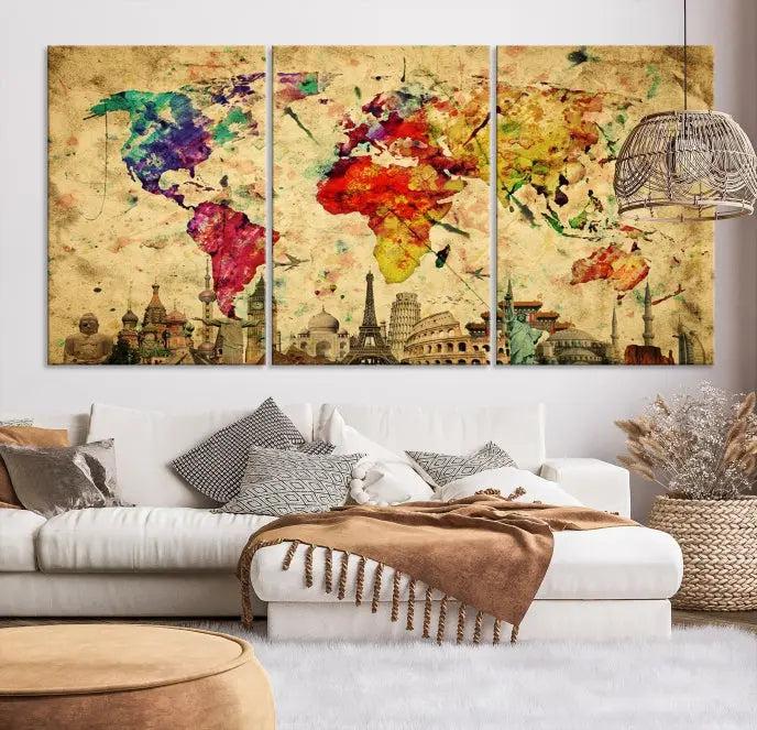 The Grunge World Map Wall Art Canvas Print is a museum-quality piece adorned with famous global landmarks and features a UV-protective coating for added longevity.