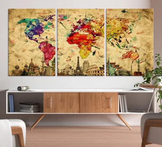 The Grunge World Map Wall Art Canvas Print is a museum-quality piece adorned with famous global landmarks and features a UV-protective coating for added longevity.