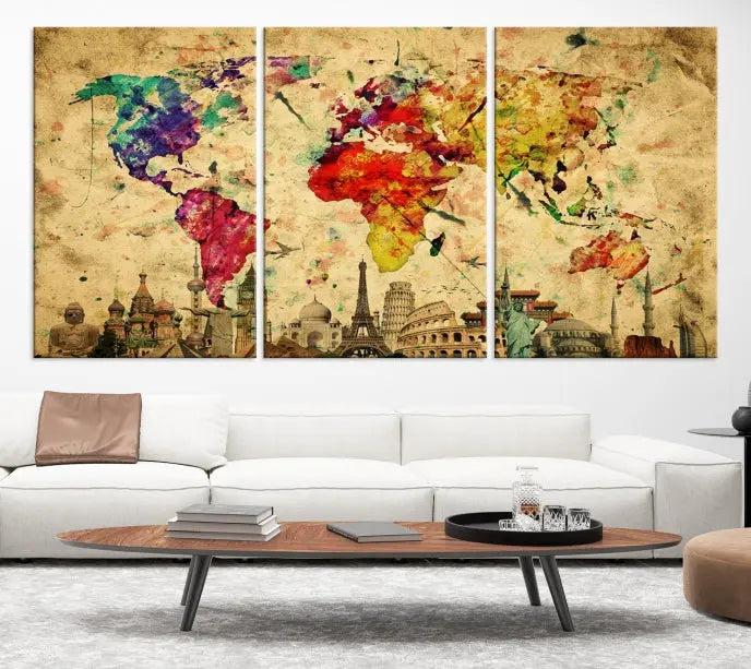 The Grunge World Map Wall Art Canvas Print is a museum-quality piece adorned with famous global landmarks and features a UV-protective coating for added longevity.