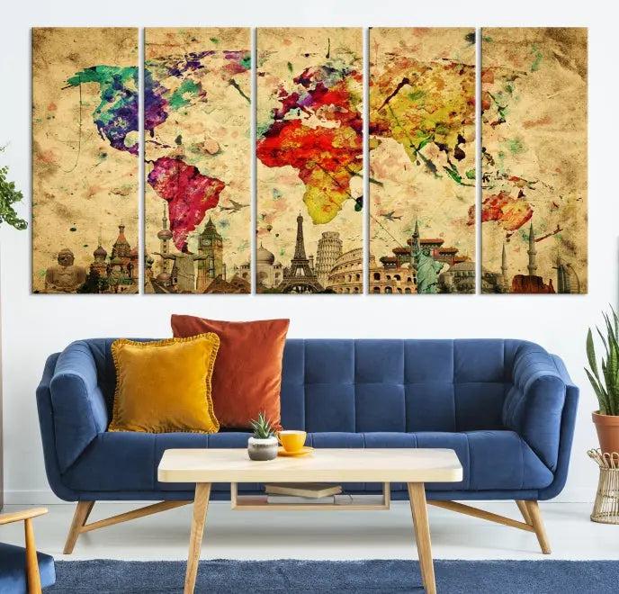 The Grunge World Map Wall Art Canvas Print is a museum-quality piece adorned with famous global landmarks and features a UV-protective coating for added longevity.