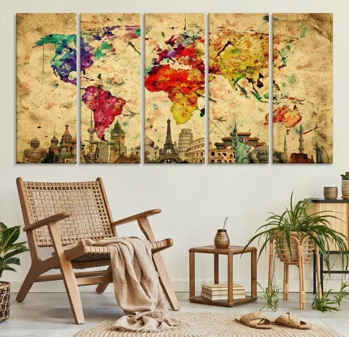 The Grunge World Map Wall Art Canvas Print is a museum-quality piece adorned with famous global landmarks and features a UV-protective coating for added longevity.