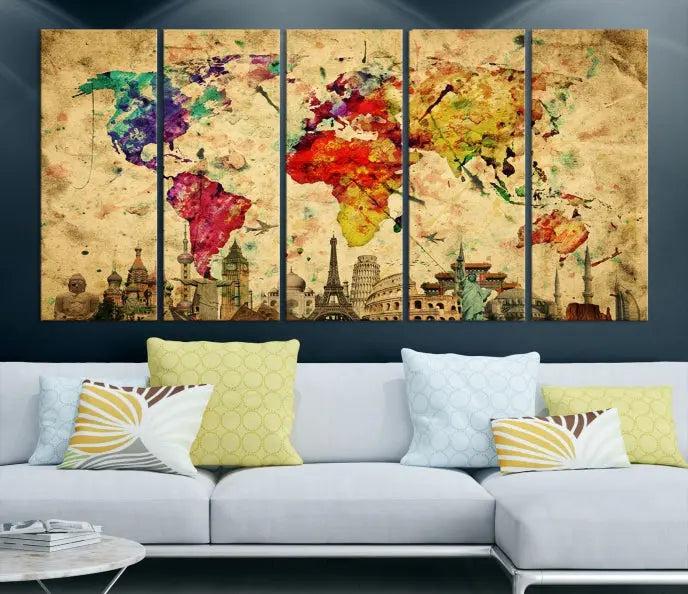 The Grunge World Map Wall Art Canvas Print is a museum-quality piece adorned with famous global landmarks and features a UV-protective coating for added longevity.