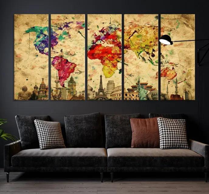 The Grunge World Map Wall Art Canvas Print is a museum-quality piece adorned with famous global landmarks and features a UV-protective coating for added longevity.