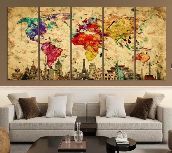 The Grunge World Map Wall Art Canvas Print is a museum-quality piece adorned with famous global landmarks and features a UV-protective coating for added longevity.