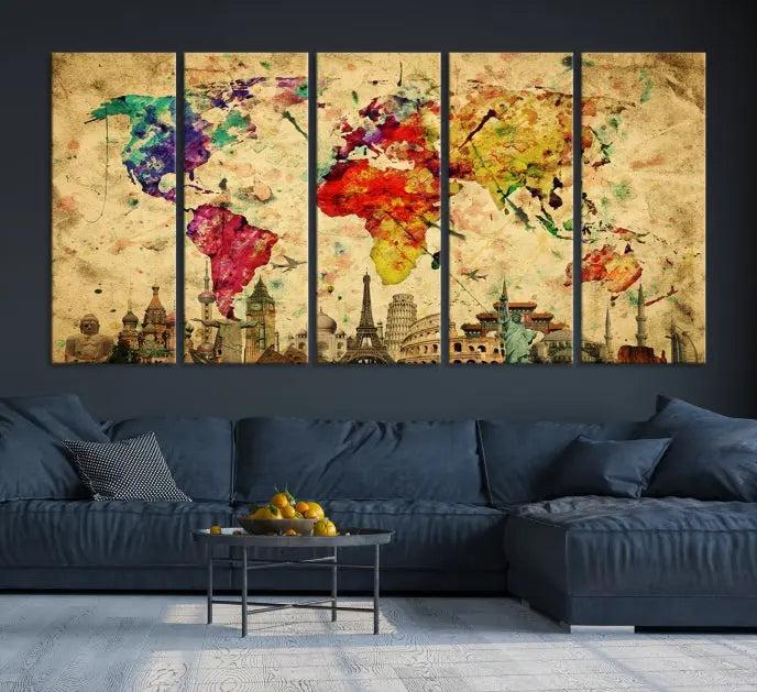 The Grunge World Map Wall Art Canvas Print is a museum-quality piece adorned with famous global landmarks and features a UV-protective coating for added longevity.