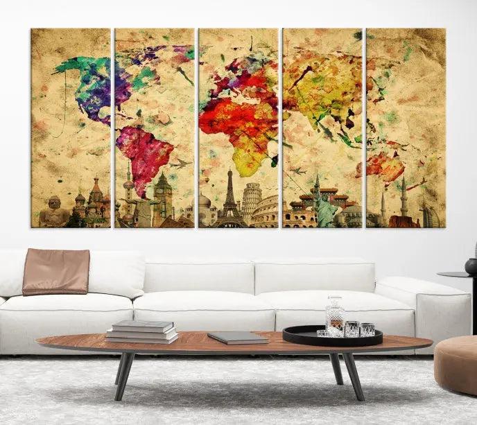 The Grunge World Map Wall Art Canvas Print is a museum-quality piece adorned with famous global landmarks and features a UV-protective coating for added longevity.