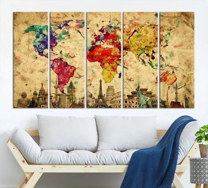 The Grunge World Map Wall Art Canvas Print is a museum-quality piece adorned with famous global landmarks and features a UV-protective coating for added longevity.