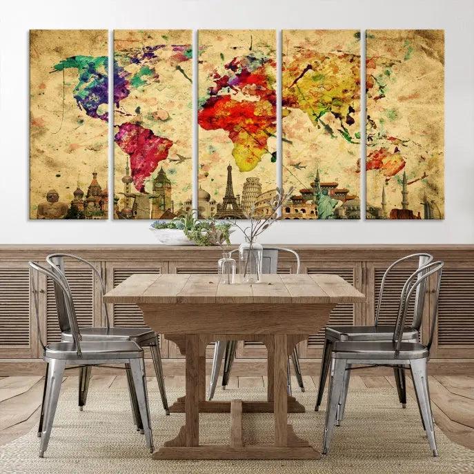 The Grunge World Map Wall Art Canvas Print is a museum-quality piece adorned with famous global landmarks and features a UV-protective coating for added longevity.