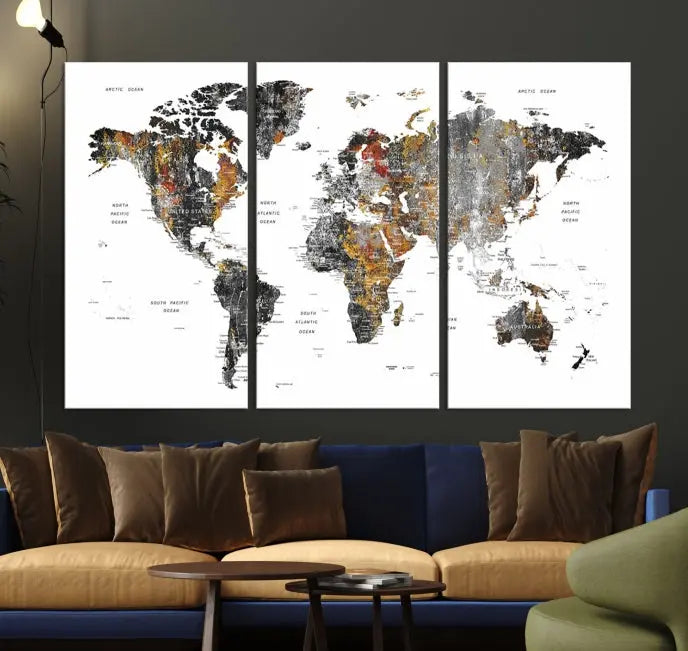 The "Grunge World Map Wall Art Watercolor Map Canvas Print" features a three-panel design with textured, abstract artwork printed on museum-quality canvas. It includes a UV-protective coating and is ready to hang, making it perfect for adding sophistication to your living space.