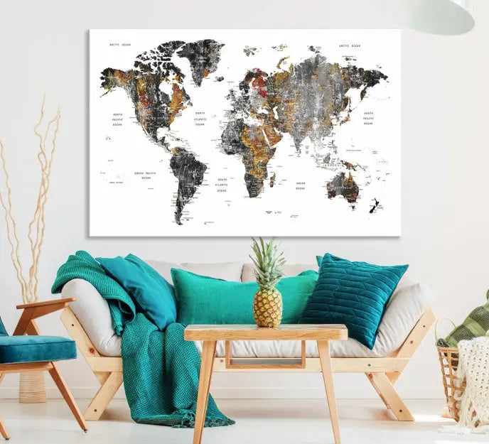 The "Grunge World Map Wall Art Watercolor Map Canvas Print" features a three-panel design with textured, abstract artwork printed on museum-quality canvas. It includes a UV-protective coating and is ready to hang, making it perfect for adding sophistication to your living space.