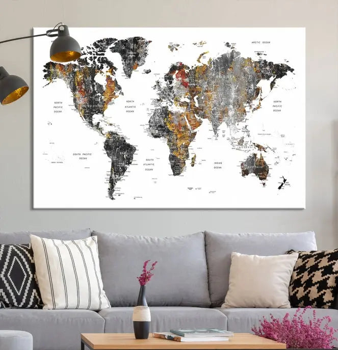 The "Grunge World Map Wall Art Watercolor Map Canvas Print" features a three-panel design with textured, abstract artwork printed on museum-quality canvas. It includes a UV-protective coating and is ready to hang, making it perfect for adding sophistication to your living space.