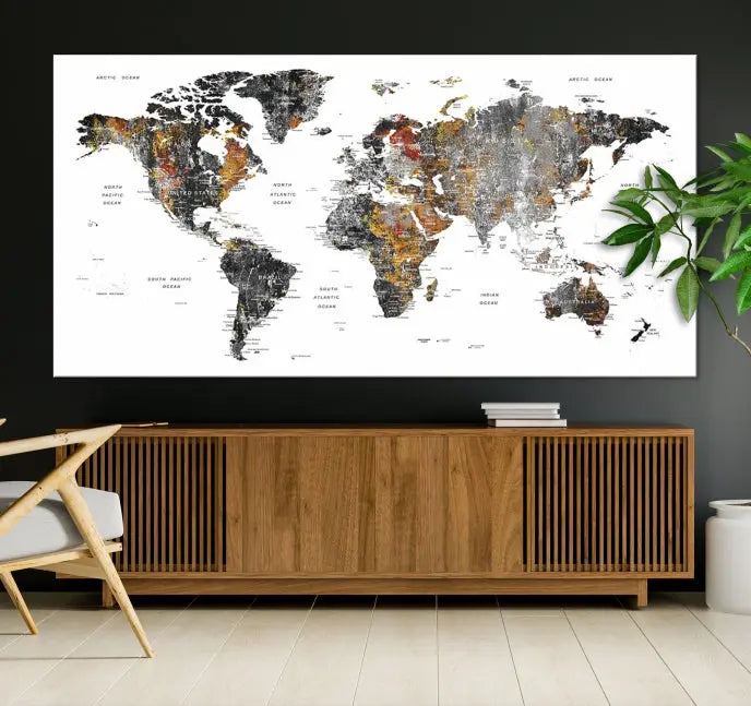 The "Grunge World Map Wall Art Watercolor Map Canvas Print" features a three-panel design with textured, abstract artwork printed on museum-quality canvas. It includes a UV-protective coating and is ready to hang, making it perfect for adding sophistication to your living space.