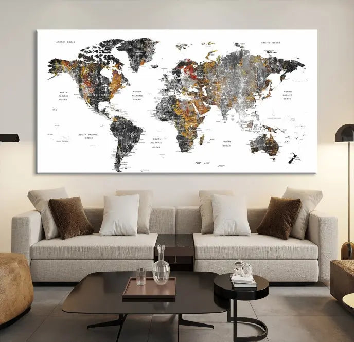 The "Grunge World Map Wall Art Watercolor Map Canvas Print" features a three-panel design with textured, abstract artwork printed on museum-quality canvas. It includes a UV-protective coating and is ready to hang, making it perfect for adding sophistication to your living space.