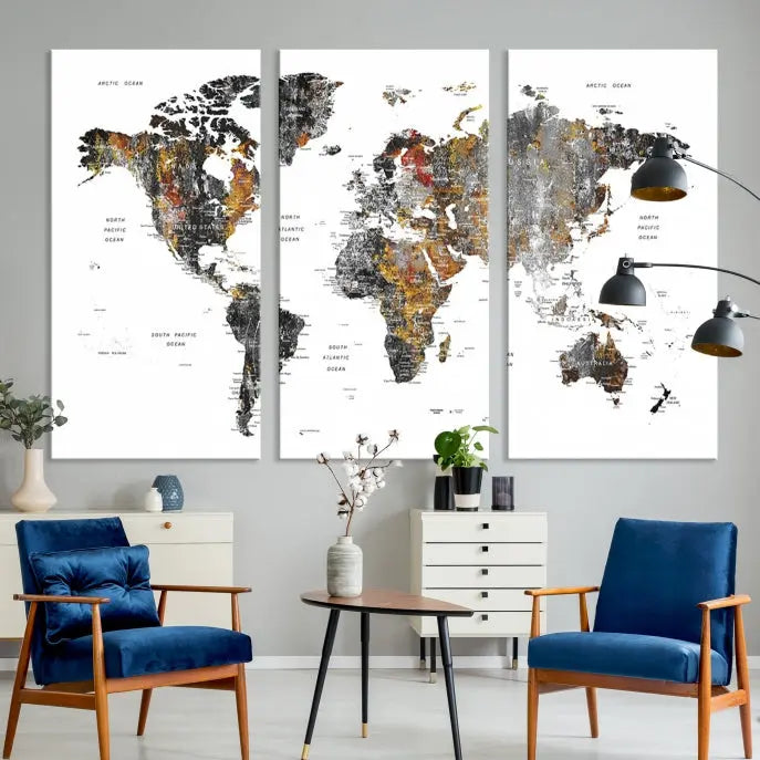 The "Grunge World Map Wall Art Watercolor Map Canvas Print" features a three-panel design with textured, abstract artwork printed on museum-quality canvas. It includes a UV-protective coating and is ready to hang, making it perfect for adding sophistication to your living space.