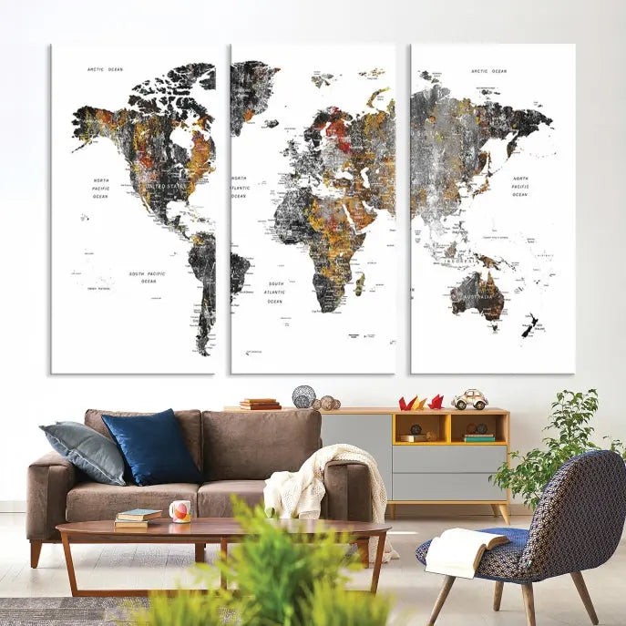 The "Grunge World Map Wall Art Watercolor Map Canvas Print" features a three-panel design with textured, abstract artwork printed on museum-quality canvas. It includes a UV-protective coating and is ready to hang, making it perfect for adding sophistication to your living space.