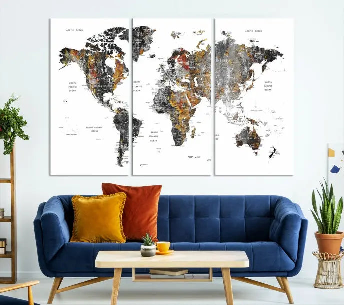 The "Grunge World Map Wall Art Watercolor Map Canvas Print" features a three-panel design with textured, abstract artwork printed on museum-quality canvas. It includes a UV-protective coating and is ready to hang, making it perfect for adding sophistication to your living space.