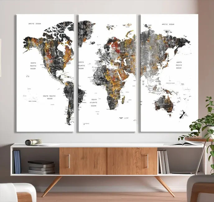 The "Grunge World Map Wall Art Watercolor Map Canvas Print" features a three-panel design with textured, abstract artwork printed on museum-quality canvas. It includes a UV-protective coating and is ready to hang, making it perfect for adding sophistication to your living space.