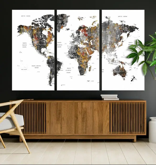 The "Grunge World Map Wall Art Watercolor Map Canvas Print" features a three-panel design with textured, abstract artwork printed on museum-quality canvas. It includes a UV-protective coating and is ready to hang, making it perfect for adding sophistication to your living space.