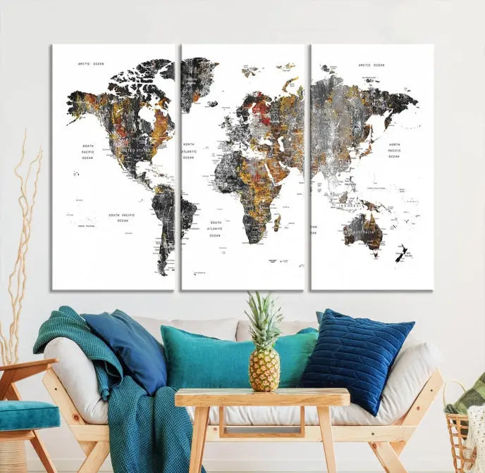 The "Grunge World Map Wall Art Watercolor Map Canvas Print" features a three-panel design with textured, abstract artwork printed on museum-quality canvas. It includes a UV-protective coating and is ready to hang, making it perfect for adding sophistication to your living space.