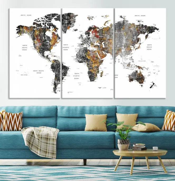 The "Grunge World Map Wall Art Watercolor Map Canvas Print" features a three-panel design with textured, abstract artwork printed on museum-quality canvas. It includes a UV-protective coating and is ready to hang, making it perfect for adding sophistication to your living space.