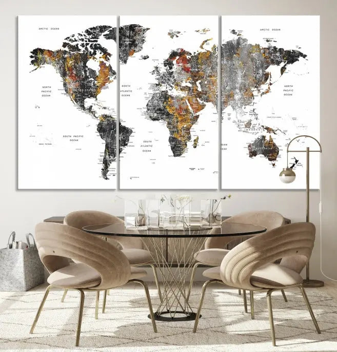 The "Grunge World Map Wall Art Watercolor Map Canvas Print" features a three-panel design with textured, abstract artwork printed on museum-quality canvas. It includes a UV-protective coating and is ready to hang, making it perfect for adding sophistication to your living space.