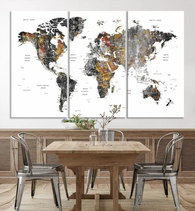 The "Grunge World Map Wall Art Watercolor Map Canvas Print" features a three-panel design with textured, abstract artwork printed on museum-quality canvas. It includes a UV-protective coating and is ready to hang, making it perfect for adding sophistication to your living space.