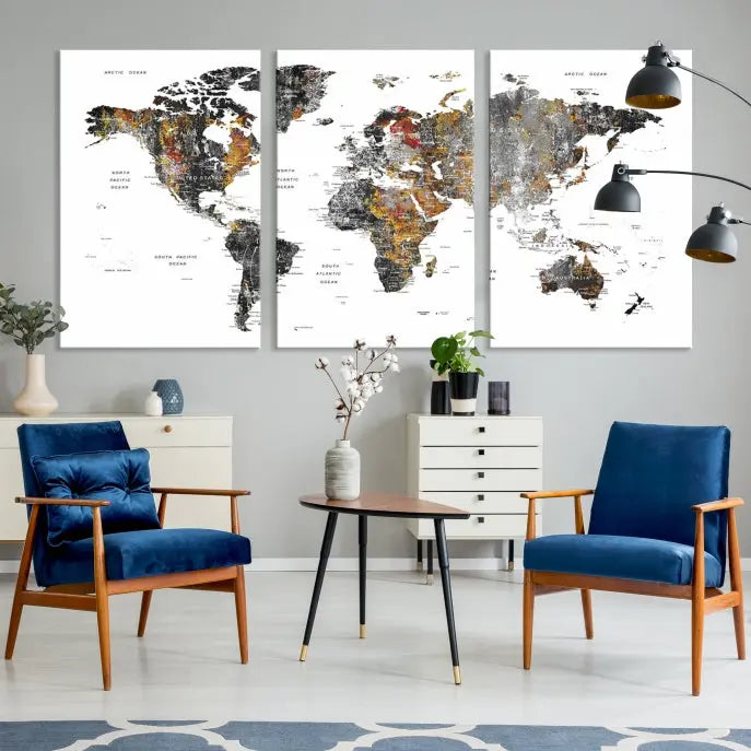 The "Grunge World Map Wall Art Watercolor Map Canvas Print" features a three-panel design with textured, abstract artwork printed on museum-quality canvas. It includes a UV-protective coating and is ready to hang, making it perfect for adding sophistication to your living space.