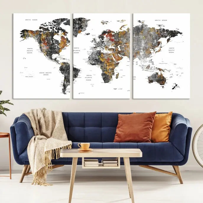 The "Grunge World Map Wall Art Watercolor Map Canvas Print" features a three-panel design with textured, abstract artwork printed on museum-quality canvas. It includes a UV-protective coating and is ready to hang, making it perfect for adding sophistication to your living space.