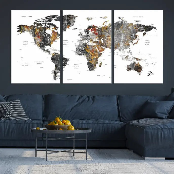 The "Grunge World Map Wall Art Watercolor Map Canvas Print" features a three-panel design with textured, abstract artwork printed on museum-quality canvas. It includes a UV-protective coating and is ready to hang, making it perfect for adding sophistication to your living space.