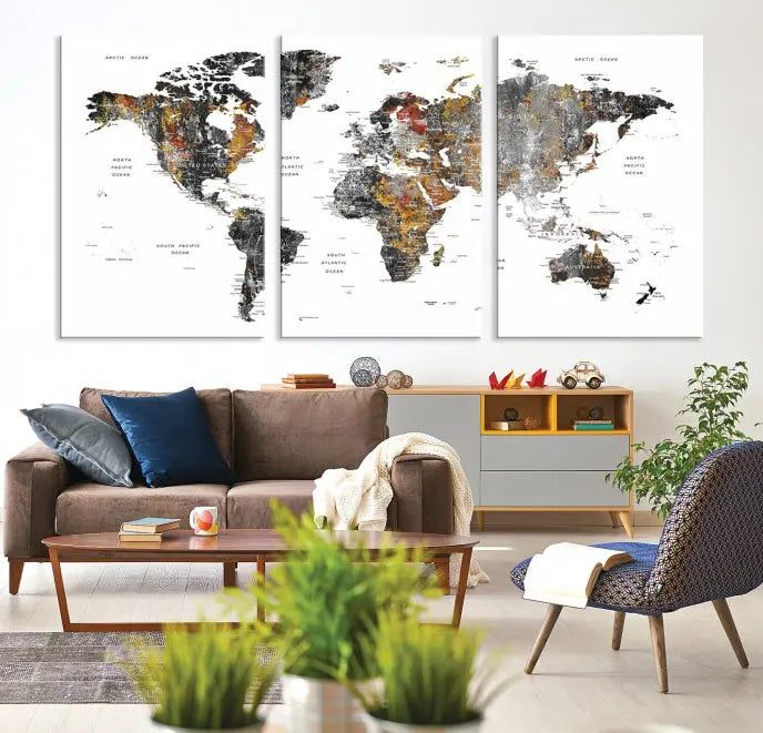 The "Grunge World Map Wall Art Watercolor Map Canvas Print" features a three-panel design with textured, abstract artwork printed on museum-quality canvas. It includes a UV-protective coating and is ready to hang, making it perfect for adding sophistication to your living space.