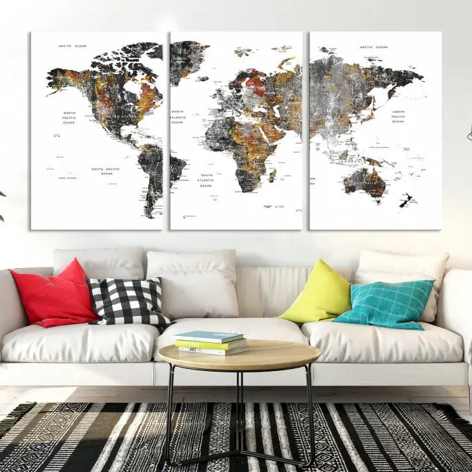 The "Grunge World Map Wall Art Watercolor Map Canvas Print" features a three-panel design with textured, abstract artwork printed on museum-quality canvas. It includes a UV-protective coating and is ready to hang, making it perfect for adding sophistication to your living space.