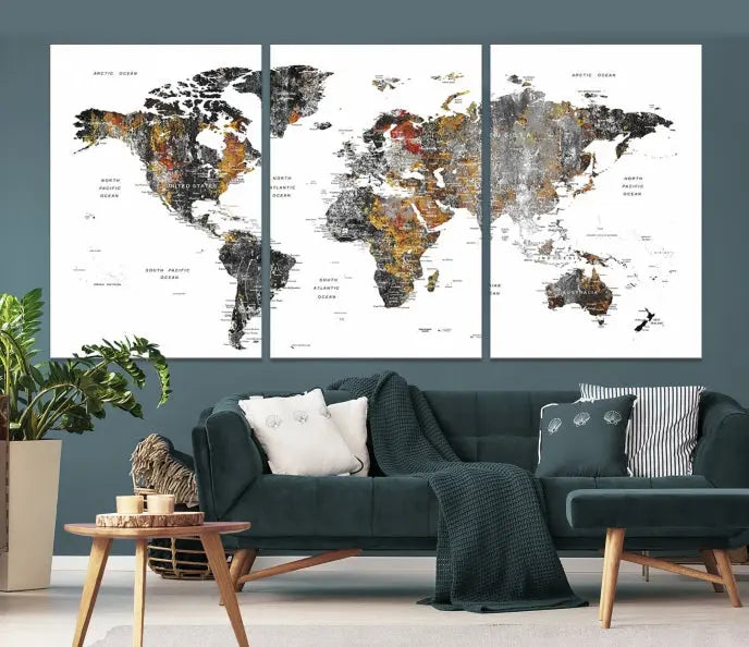 The "Grunge World Map Wall Art Watercolor Map Canvas Print" features a three-panel design with textured, abstract artwork printed on museum-quality canvas. It includes a UV-protective coating and is ready to hang, making it perfect for adding sophistication to your living space.