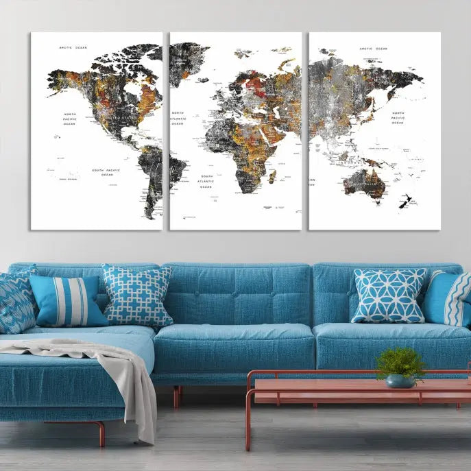 The "Grunge World Map Wall Art Watercolor Map Canvas Print" features a three-panel design with textured, abstract artwork printed on museum-quality canvas. It includes a UV-protective coating and is ready to hang, making it perfect for adding sophistication to your living space.