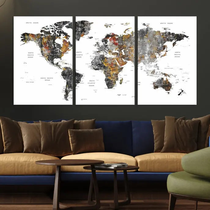 The "Grunge World Map Wall Art Watercolor Map Canvas Print" features a three-panel design with textured, abstract artwork printed on museum-quality canvas. It includes a UV-protective coating and is ready to hang, making it perfect for adding sophistication to your living space.