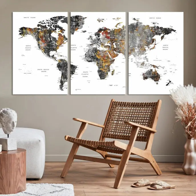 The "Grunge World Map Wall Art Watercolor Map Canvas Print" features a three-panel design with textured, abstract artwork printed on museum-quality canvas. It includes a UV-protective coating and is ready to hang, making it perfect for adding sophistication to your living space.