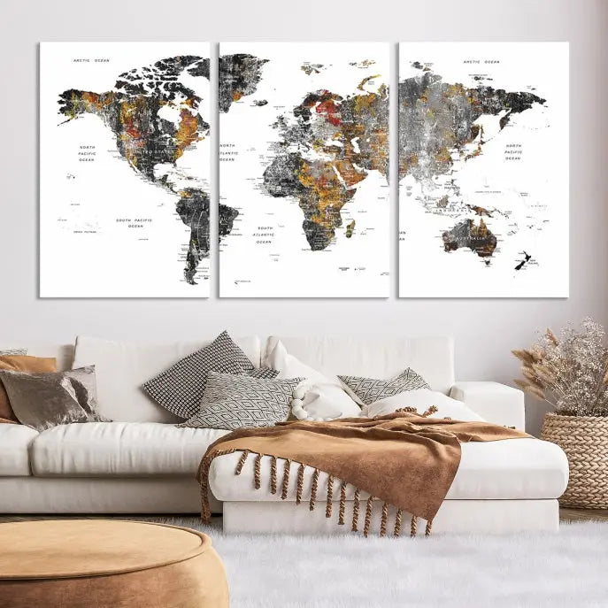 The "Grunge World Map Wall Art Watercolor Map Canvas Print" features a three-panel design with textured, abstract artwork printed on museum-quality canvas. It includes a UV-protective coating and is ready to hang, making it perfect for adding sophistication to your living space.