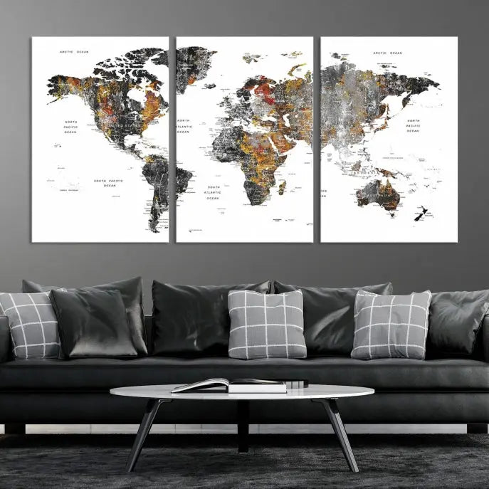 The "Grunge World Map Wall Art Watercolor Map Canvas Print" features a three-panel design with textured, abstract artwork printed on museum-quality canvas. It includes a UV-protective coating and is ready to hang, making it perfect for adding sophistication to your living space.