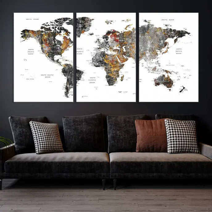 The "Grunge World Map Wall Art Watercolor Map Canvas Print" features a three-panel design with textured, abstract artwork printed on museum-quality canvas. It includes a UV-protective coating and is ready to hang, making it perfect for adding sophistication to your living space.