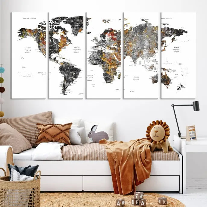 The "Grunge World Map Wall Art Watercolor Map Canvas Print" features a three-panel design with textured, abstract artwork printed on museum-quality canvas. It includes a UV-protective coating and is ready to hang, making it perfect for adding sophistication to your living space.