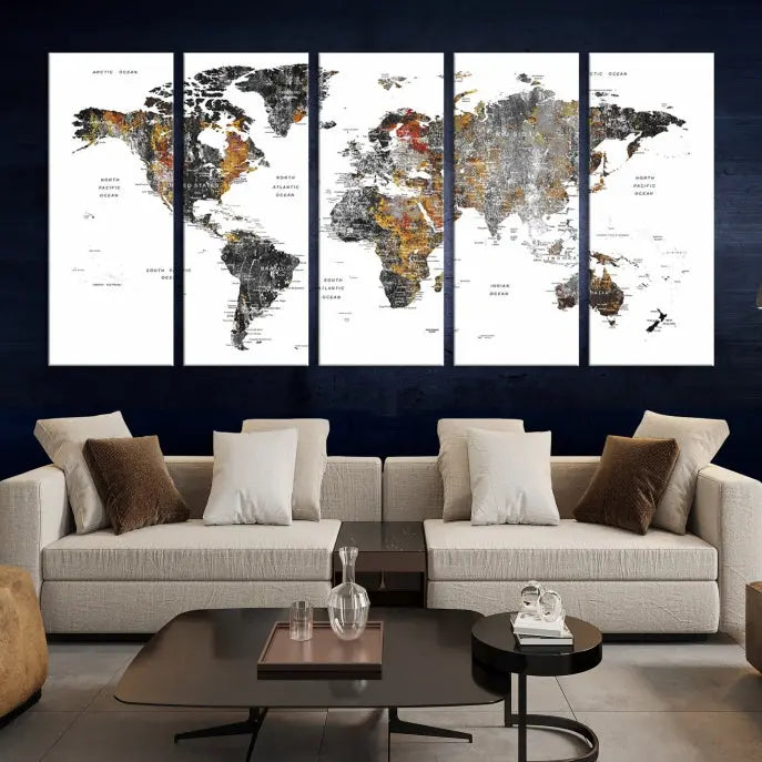 The "Grunge World Map Wall Art Watercolor Map Canvas Print" features a three-panel design with textured, abstract artwork printed on museum-quality canvas. It includes a UV-protective coating and is ready to hang, making it perfect for adding sophistication to your living space.