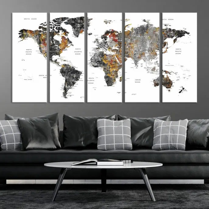 The "Grunge World Map Wall Art Watercolor Map Canvas Print" features a three-panel design with textured, abstract artwork printed on museum-quality canvas. It includes a UV-protective coating and is ready to hang, making it perfect for adding sophistication to your living space.