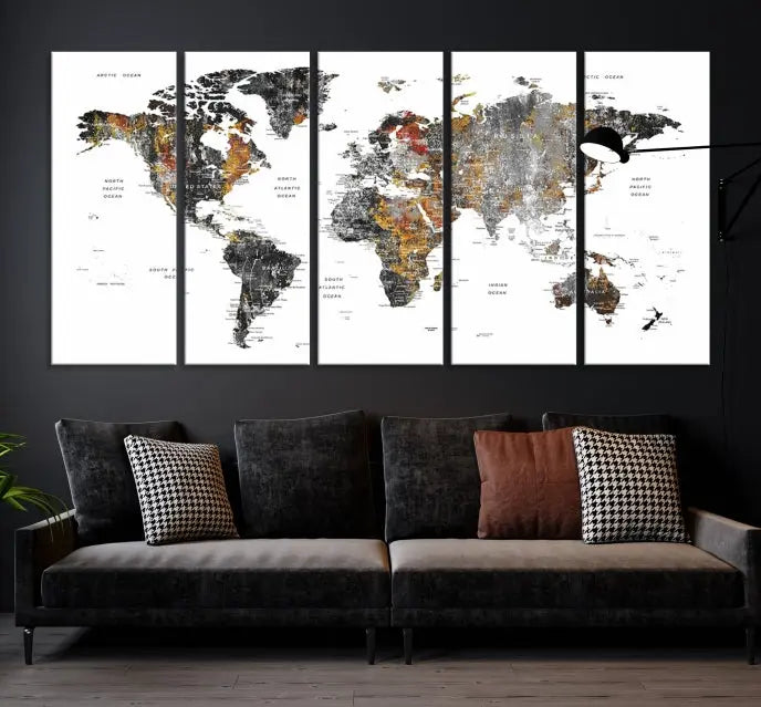 The "Grunge World Map Wall Art Watercolor Map Canvas Print" features a three-panel design with textured, abstract artwork printed on museum-quality canvas. It includes a UV-protective coating and is ready to hang, making it perfect for adding sophistication to your living space.