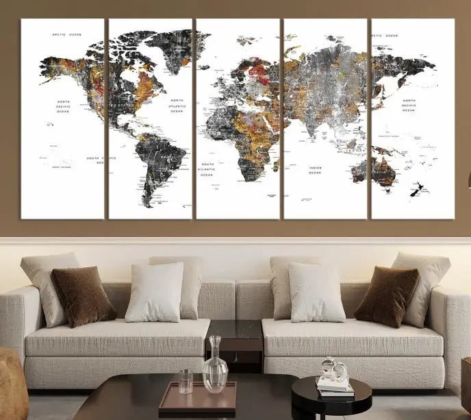 The "Grunge World Map Wall Art Watercolor Map Canvas Print" features a three-panel design with textured, abstract artwork printed on museum-quality canvas. It includes a UV-protective coating and is ready to hang, making it perfect for adding sophistication to your living space.