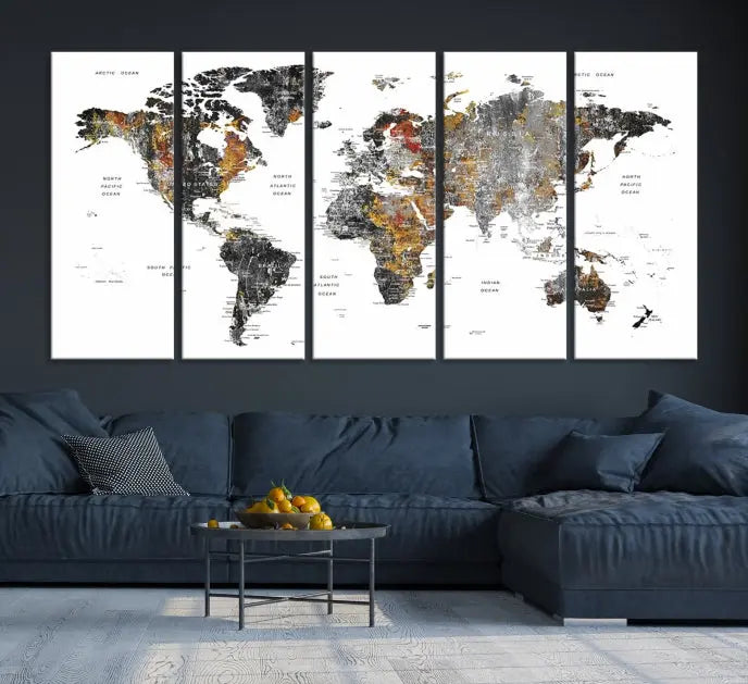 The "Grunge World Map Wall Art Watercolor Map Canvas Print" features a three-panel design with textured, abstract artwork printed on museum-quality canvas. It includes a UV-protective coating and is ready to hang, making it perfect for adding sophistication to your living space.