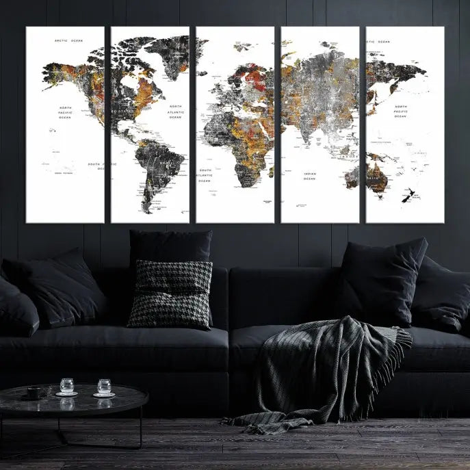 The "Grunge World Map Wall Art Watercolor Map Canvas Print" features a three-panel design with textured, abstract artwork printed on museum-quality canvas. It includes a UV-protective coating and is ready to hang, making it perfect for adding sophistication to your living space.