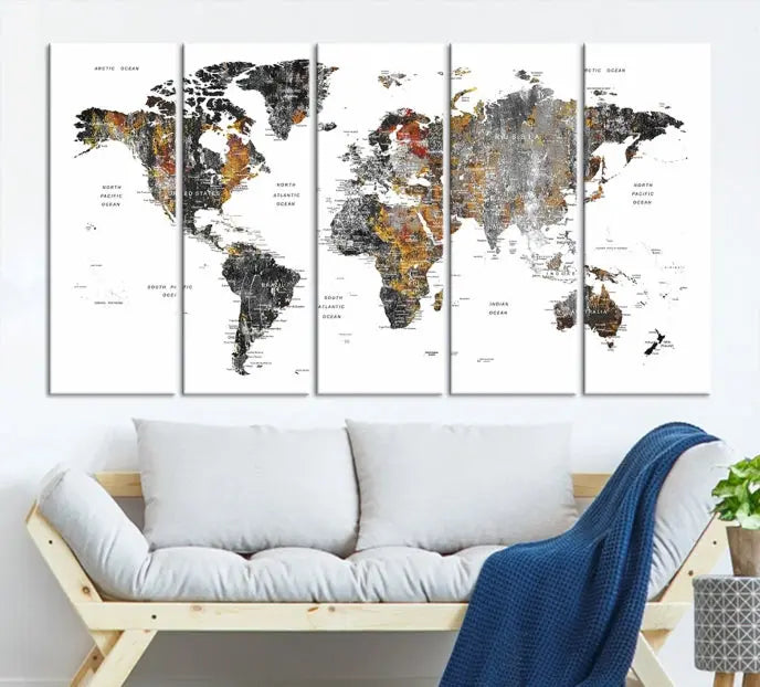 The "Grunge World Map Wall Art Watercolor Map Canvas Print" features a three-panel design with textured, abstract artwork printed on museum-quality canvas. It includes a UV-protective coating and is ready to hang, making it perfect for adding sophistication to your living space.