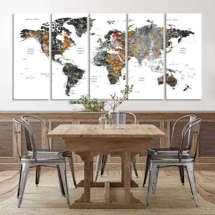 The "Grunge World Map Wall Art Watercolor Map Canvas Print" features a three-panel design with textured, abstract artwork printed on museum-quality canvas. It includes a UV-protective coating and is ready to hang, making it perfect for adding sophistication to your living space.