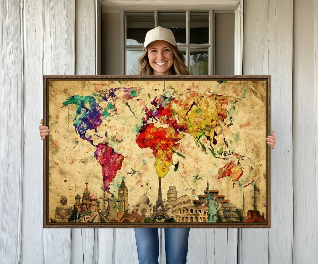 34595-MGV-CV-36X24-Grunge World Map with Wonders of the World Below Canvas Print