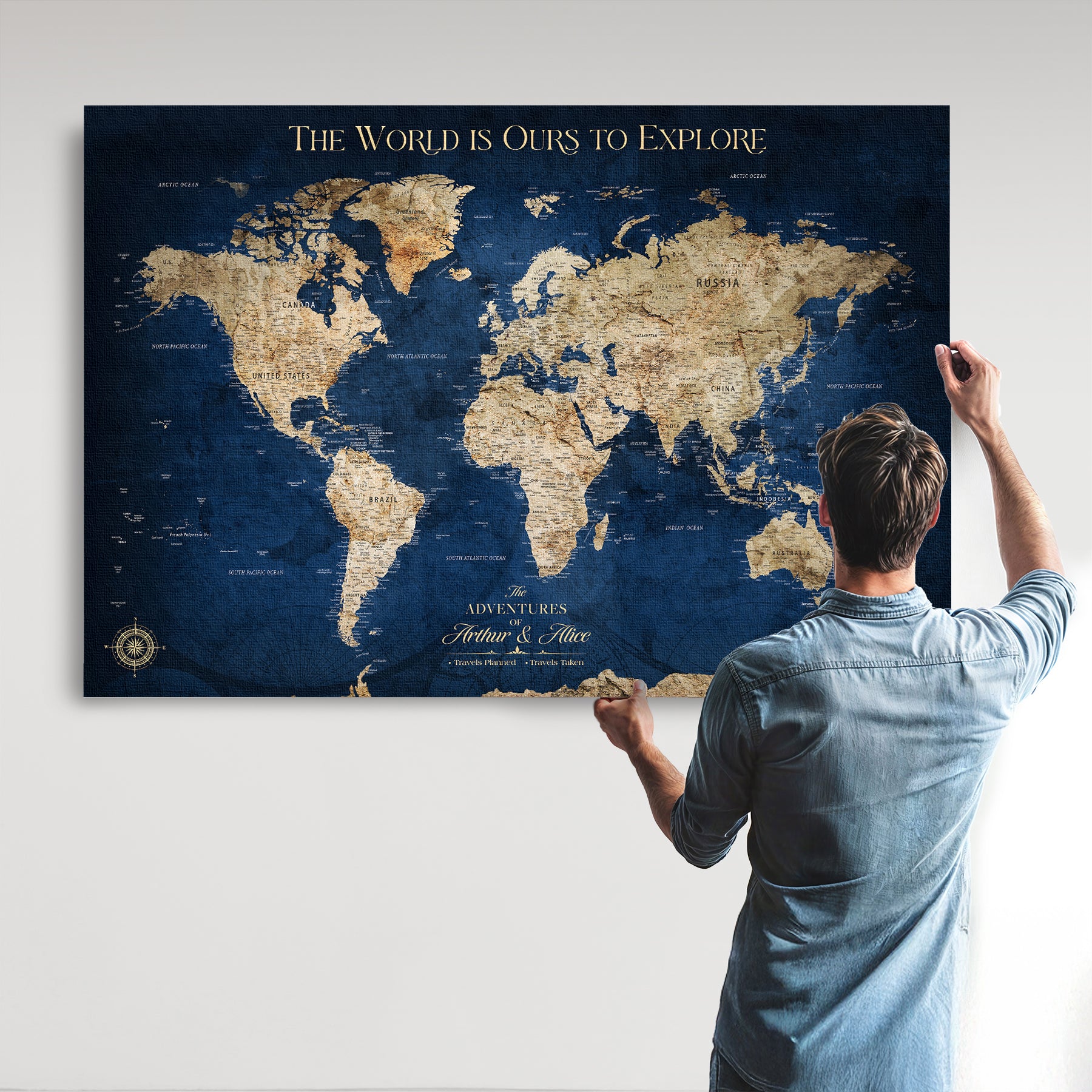 10181149-MGV-CV-36X24-Custom Push Pin World Map Wall Canvas Print – Personalized Travel Tracker with Pins – Framed Large Multi-Size Canvas for Home Office Decor
